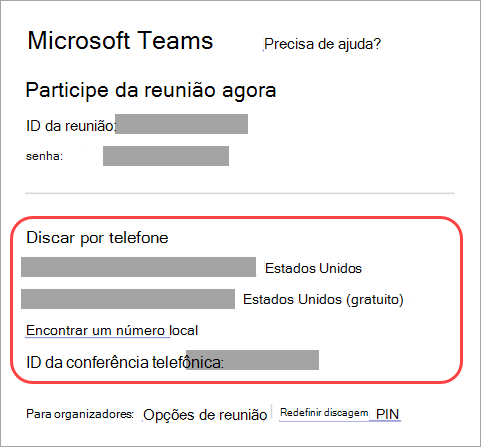 Captura de ecrã a mostrar onde pode ligar para uma reunião do Teams.