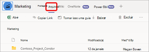 Guia Arquivos na parte superior da página do canal