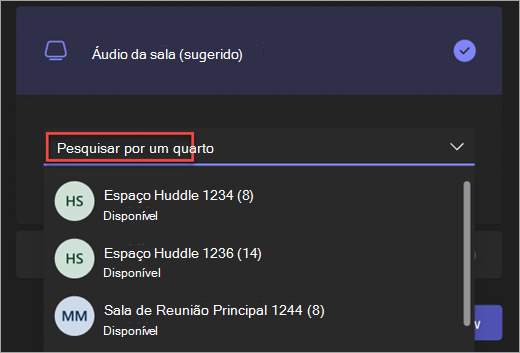 Captura de ecrã a mostrar a barra de pesquisa para a opção Áudio da sala no ecrã de pré-reunião do Teams.