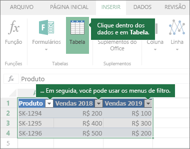 Guia Inserir, botão Tabela, menus de filtro