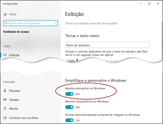 O menu Facilidade de Exibição de Acesso com a opção Mostrar animações no Windows realçada.