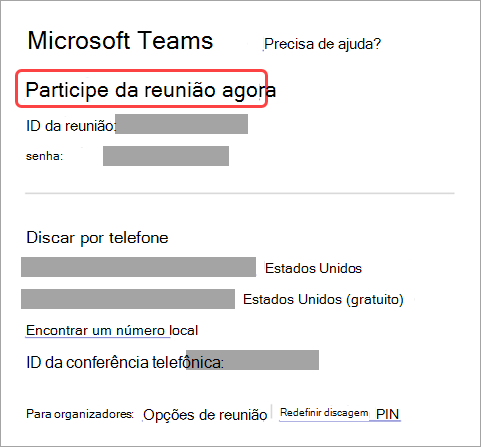 Captura de ecrã a mostrar como participar numa reunião a partir do convite.