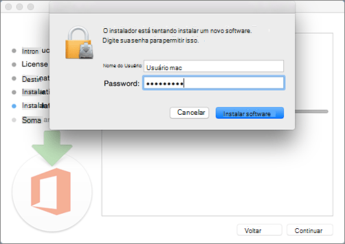 Insira sua senha de administrador para iniciar a instalação