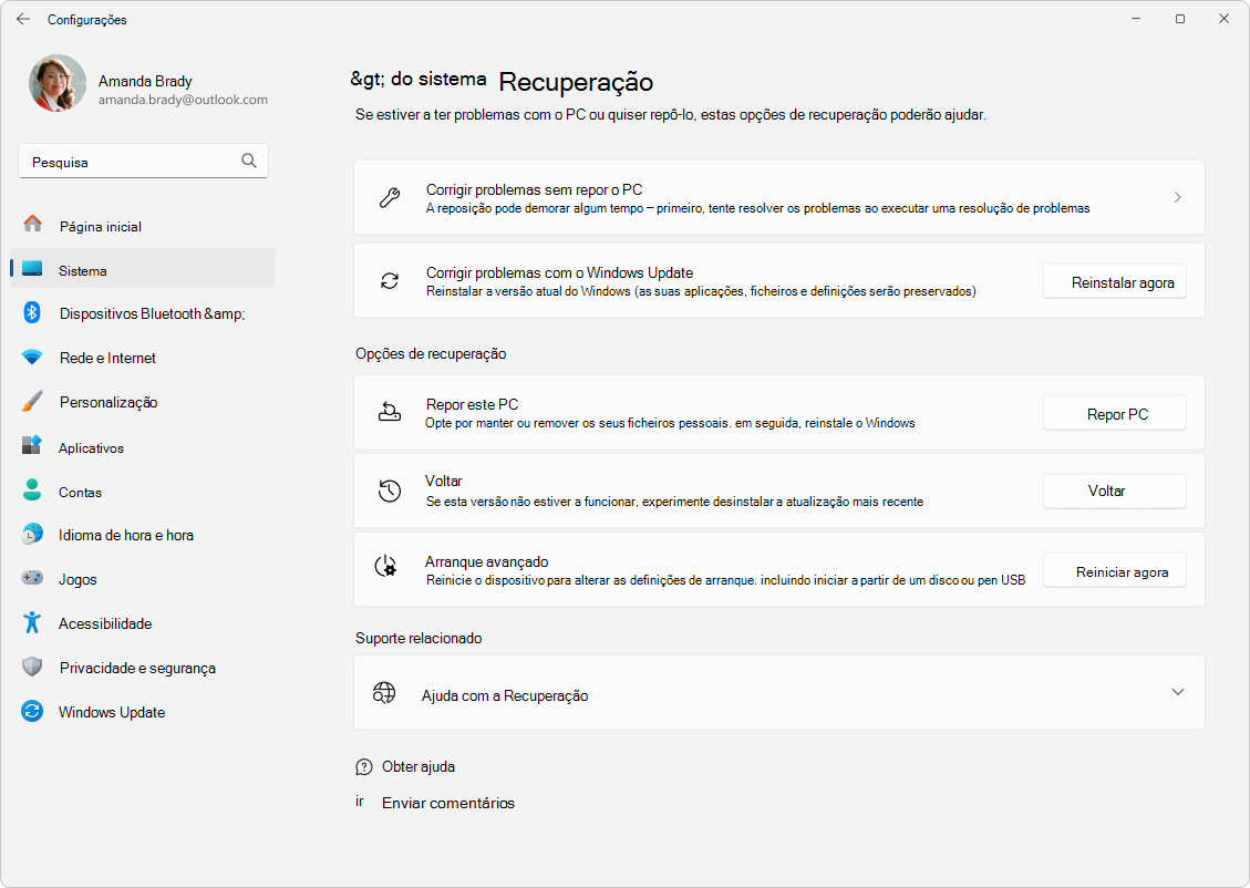 Captura de tela de Configurações – Sistema – Recuperação.