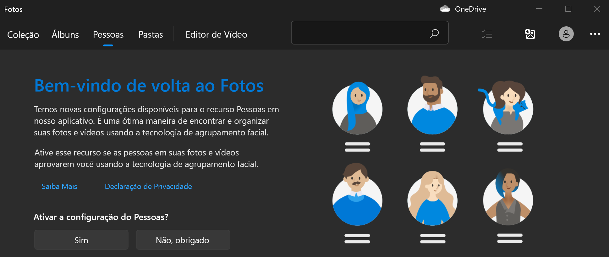 Mostra a tela de boas-vindas para fotos com botões sim e sem depois de uma pergunta sobre como ativar a configuração Pessoas.