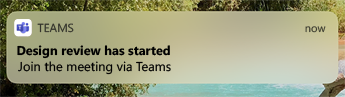 Uma notificação móvel dizendo que a Revisão de Design começou a ser associada à reunião por meio do Teams.