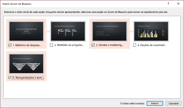 Mostra a caixa de diálogo Zoom de Resumo no PowerPoint para uma apresentação sem as seções existentes.