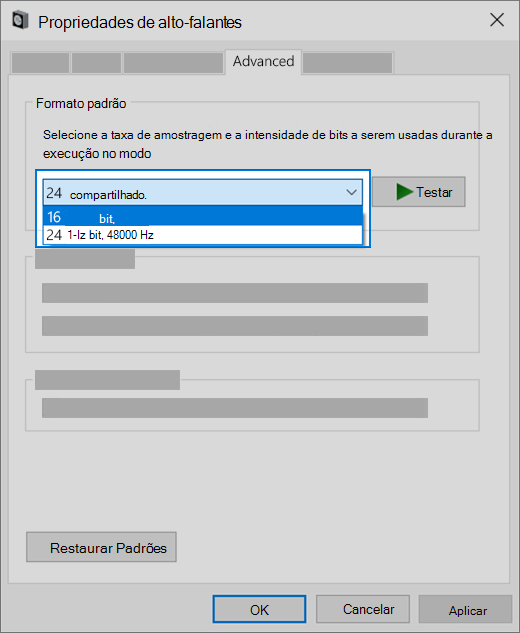 Alterar a configuração do formato de áudio do seu dispositivo de áudio