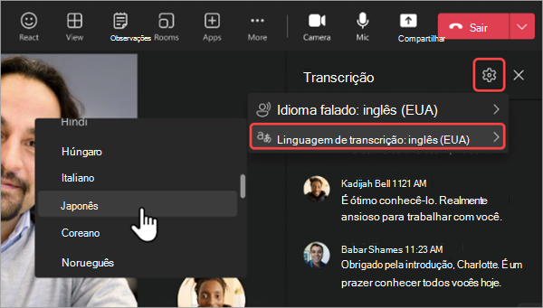 Captura de ecrã a mostrar como selecionar um idioma traduzido para a transcrição de reuniões do Teams