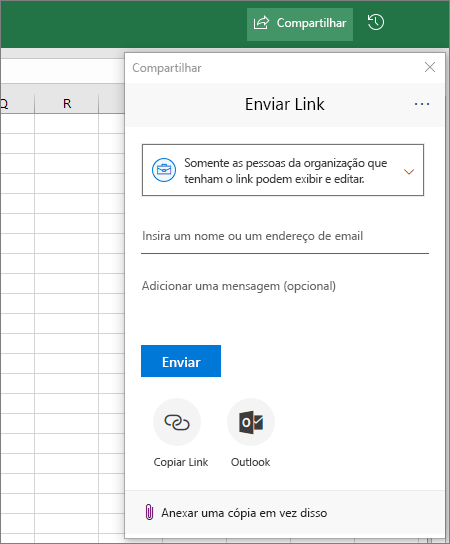 Caixa de diálogo e ícone Compartilhar no Excel