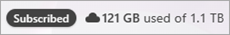 Captura de tela mostrando o selo subscrito e o armazenamento do OneDrive usado