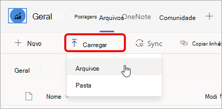 O botão Carregar é o segundo da esquerda na parte superior da guia Arquivos em um canal.