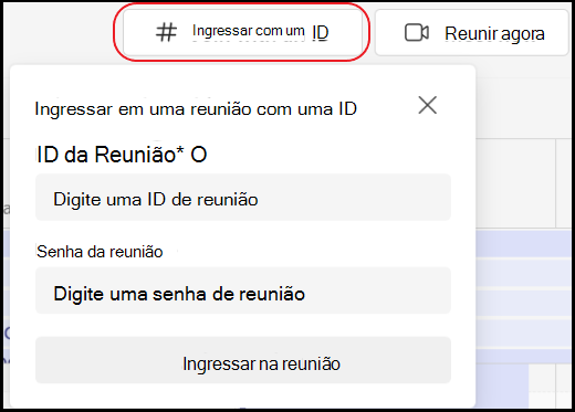 Imagem a mostrar o botão participar com o ID da reunião no canto superior direito do calendário do Teams.