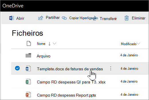 OneDrive com ficheiro selecionado