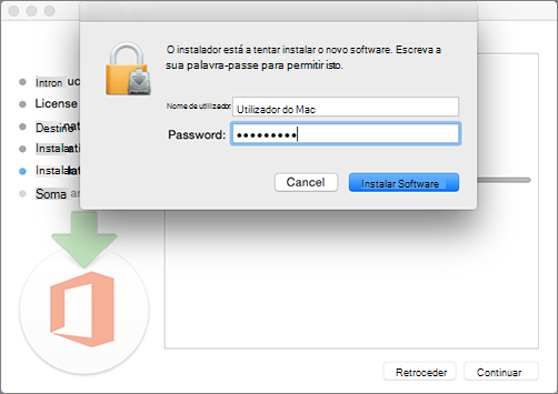 Introduza a palavra-passe de administrador para começar a instalar