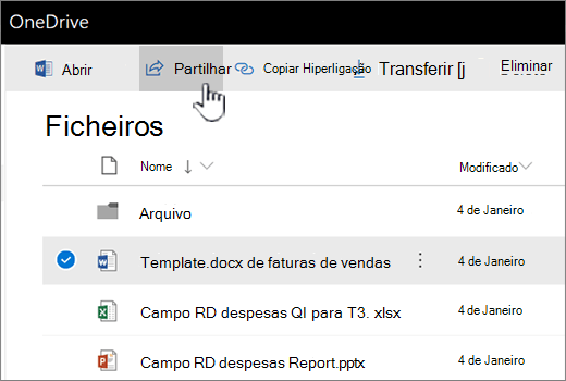 OneDrive com ficheiro selecionado e botão Partilhar a ser pressionado