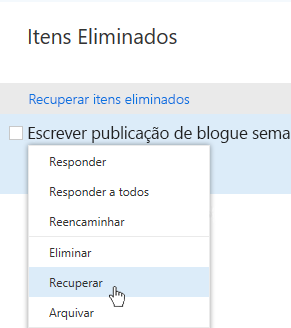 Captura de ecrã a mostrar o menu Recuperar Itens Eliminados