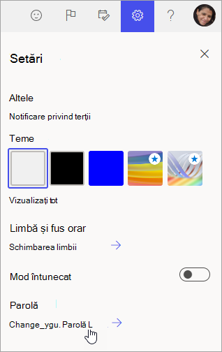 Captură de ecran cu Setări și Modificare parolă în Microsoft 365