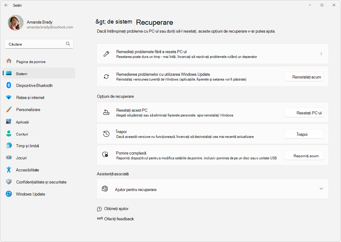 Captură de ecran cu Setări - Sistem - Recuperare.
