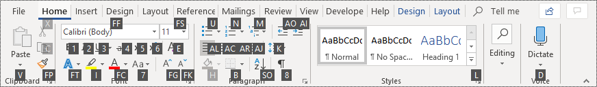 Sfaturi pentru taste în panglica din Word 365