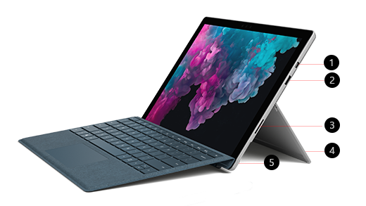 Imagine cu Surface Pro 6 în unghi lateral, cu 5 caracteristici evidențiate prin număr