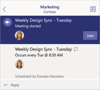 Еженедельная планерка по дизайну началось в канале "Маркетинг" команды Contoso. Она содержит кнопку "Присоединиться".