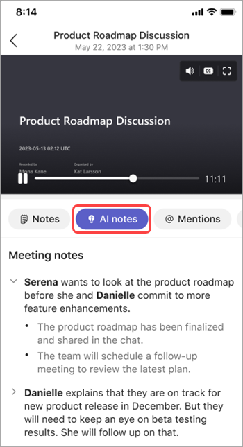 Просмотр заметок, созданных ИИ, в повторном просмотре собраний Teams.