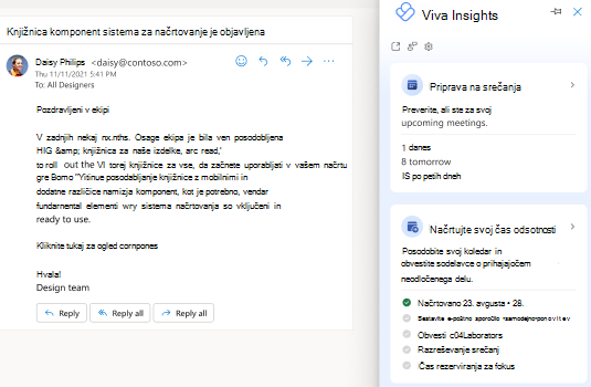 Posnetek zaslona, ki prikazuje podokno za branje in podokno dodatka za Outlook na desni strani zaslona.