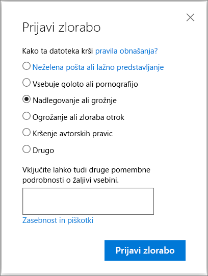 Posnetek zaslona pogovornega okna »Prijava zlorabe« v storitvi OneDrive