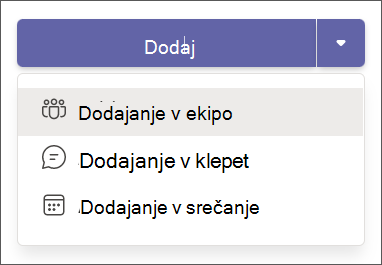 dodajanje aplikacije v spustni meni aplikacije Teams