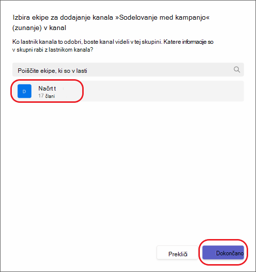 Teams – izberite ekipo za povabilo k kanalu v skupni rabi
