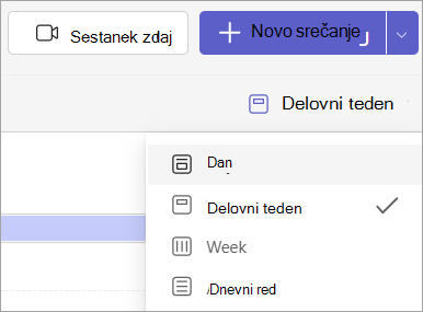 Posnetek zaslona spustnega menija, ki prikazuje različne poglede koledarja v aplikaciji Teams.