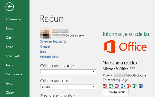 Microsoftov račun, povezan z Officeom, je prikazan v oknu »Račun« v Officeovi aplikaciji