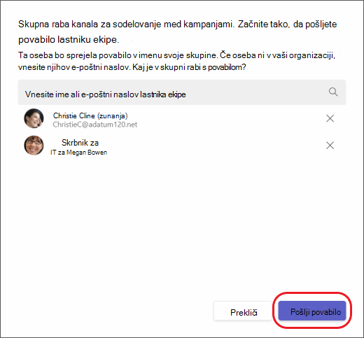 Teams – povabite drugo ekipo v kanal v skupni rabi