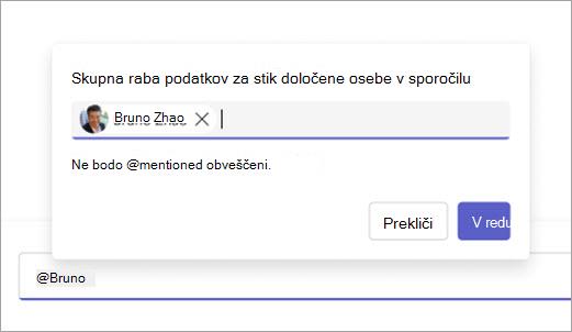 Posnetek zaslona, na katerem je prikazan stik, pripravljen za skupno rabo v polju za sestavljanje sporočila.