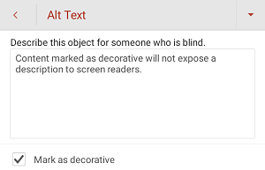 Pogovorno okno Nadomestno besedilo, ki prikazuje izbrano potrditveno polje Označi kot okrasno v PowerPointu za Android.