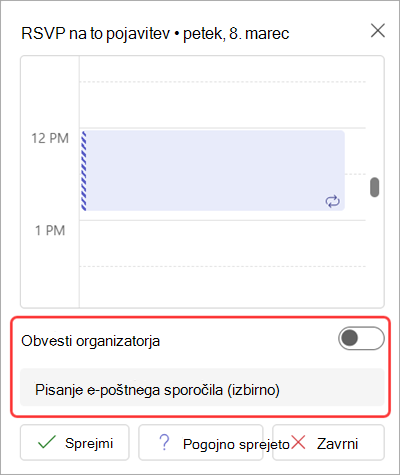 Preklopni gumb »Obvesti organizatorja« v oknu »RSVP«.