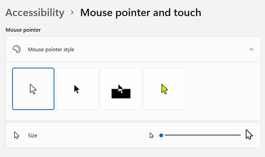 Mouse pointer & touch in Postavke