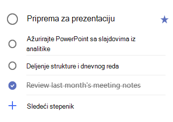 Detaljan prikaz pripreme zadatka za prezentaciju sa tri koraka: ažuriranje PowerPoint pomoću slajdova iz analitike, deljenje prikaza strukture i dnevnog reda i redigovanje beležaka sastanka za Prošlomesečni koji se dovršavaju