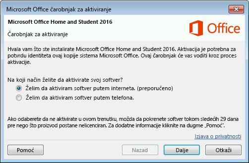 Prikazuje čarobnjak za aktivaciju sistema Microsoft Office.