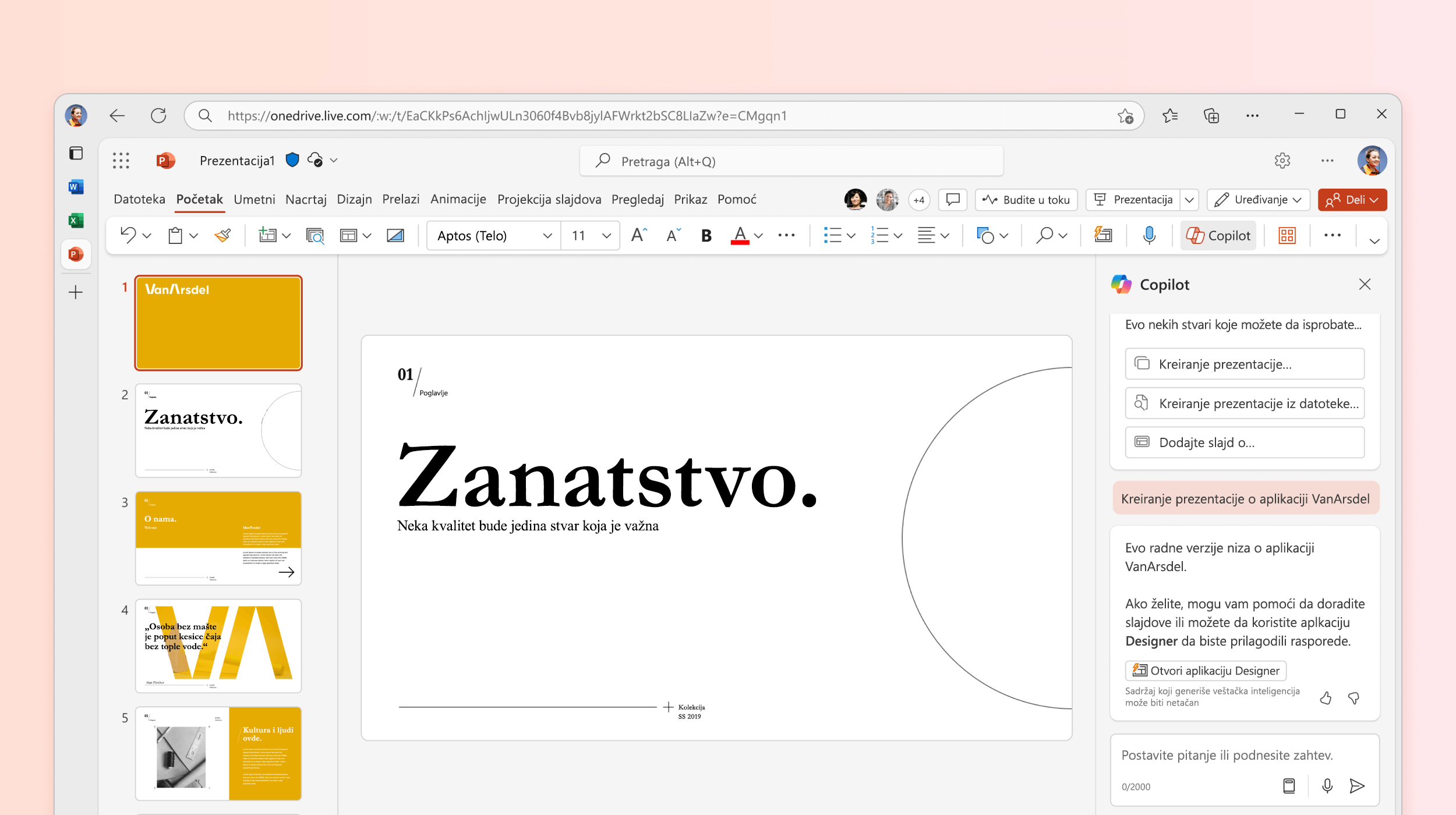 Snimak ekrana prikazuje kako Copilot u programu PowerPoint kreira novu prezentaciju.