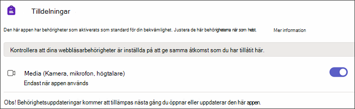 Skärmbild av Teams-inställningar när du har valt Appbehörigheter. en inställning som kallas Media visas med växlingsknappen på.