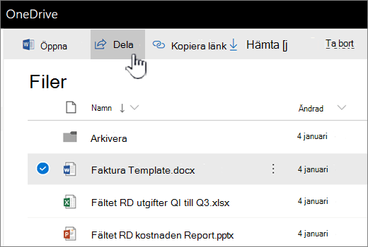 OneDrive med markerad fil och knappen Dela