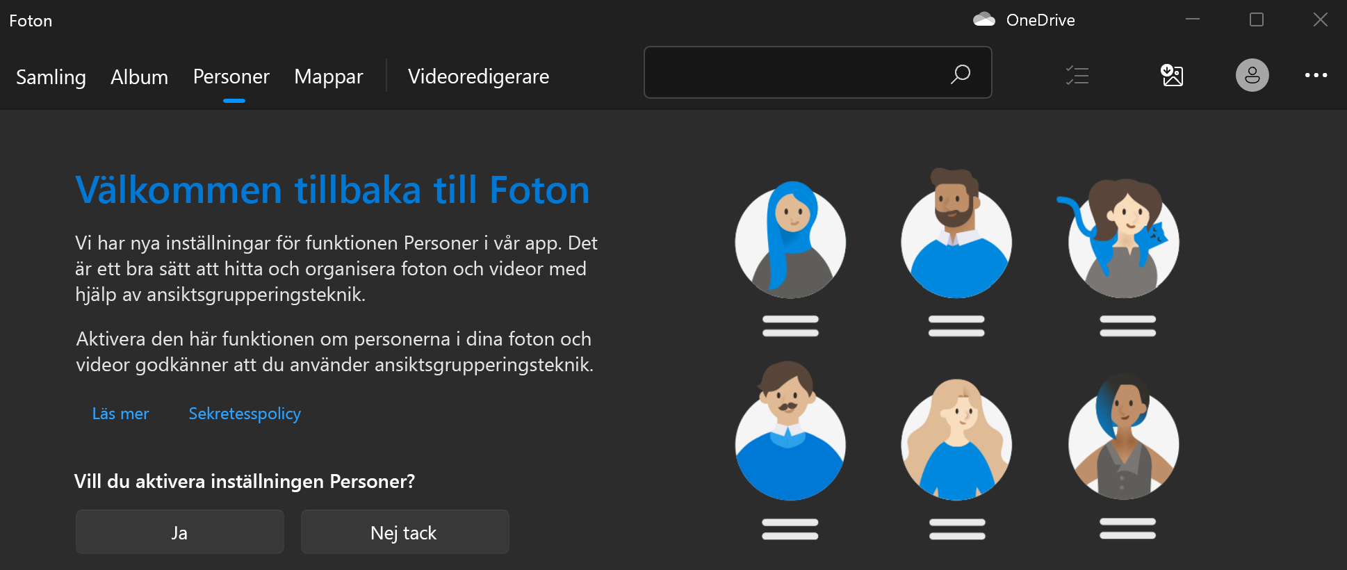 Visar välkomstskärmen för foton med knapparna Ja och Nej efter en fråga om att aktivera inställningen Kontakter.