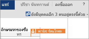 Word Online แสดงให้คุณเห็นว่าผู้เขียนคนอื่นๆ กำลังทำงานอยู่ ณ จุดใดในเอกสาร