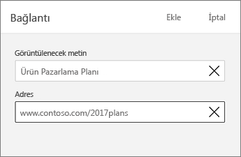 Görüntülenecek metin ve Adres alanlarını gösteren Bağlantı iletişim kutusu.