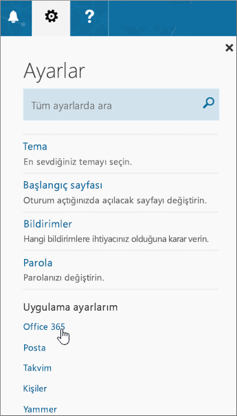 Office 365 Ayarlar bölmesi