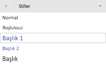 başlık stilleri menüsünü Android için Word.
