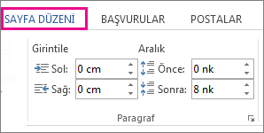 Sayfa Düzeni sekmesinde Girinti ve Aralık seçeneklerinin görüntüsü