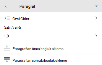 Paragraf biçimlendirme menüsünü Android için Word.